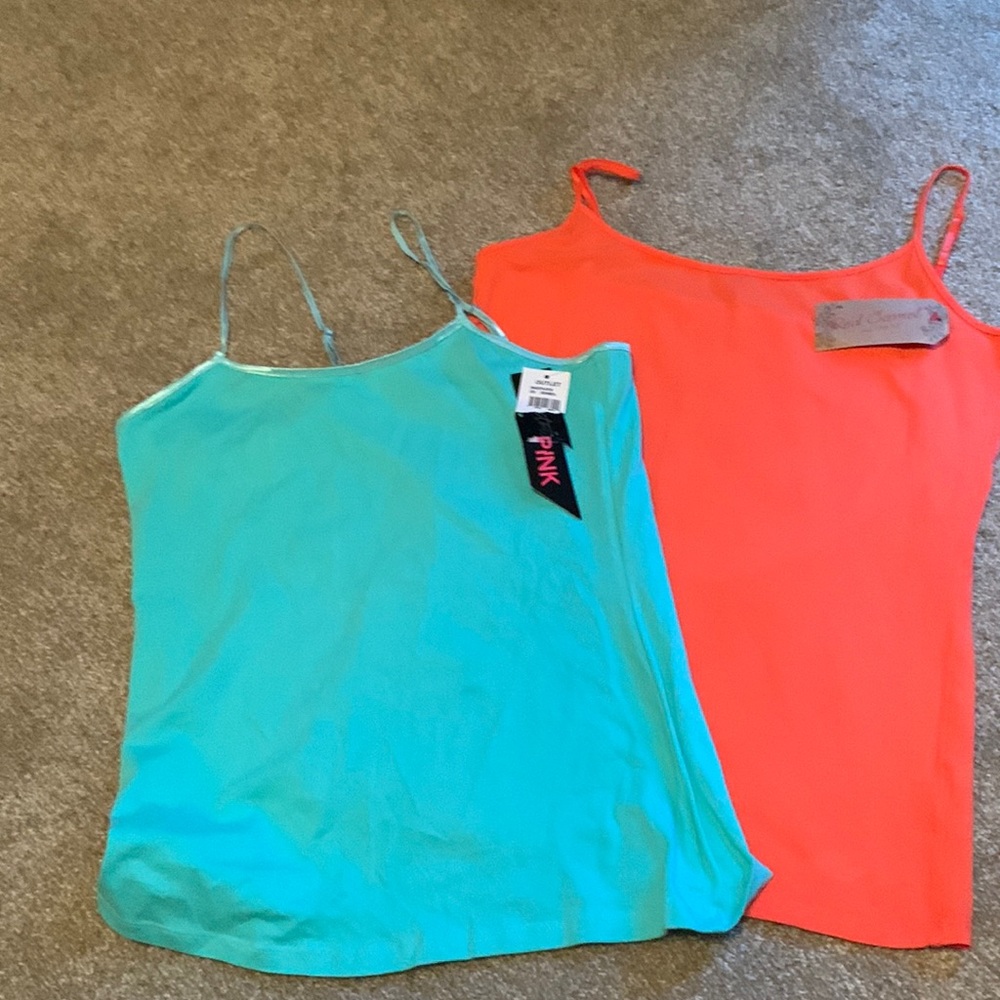 Two camisoles new with tag. Orange shirt is large. Teal shirt is medium.